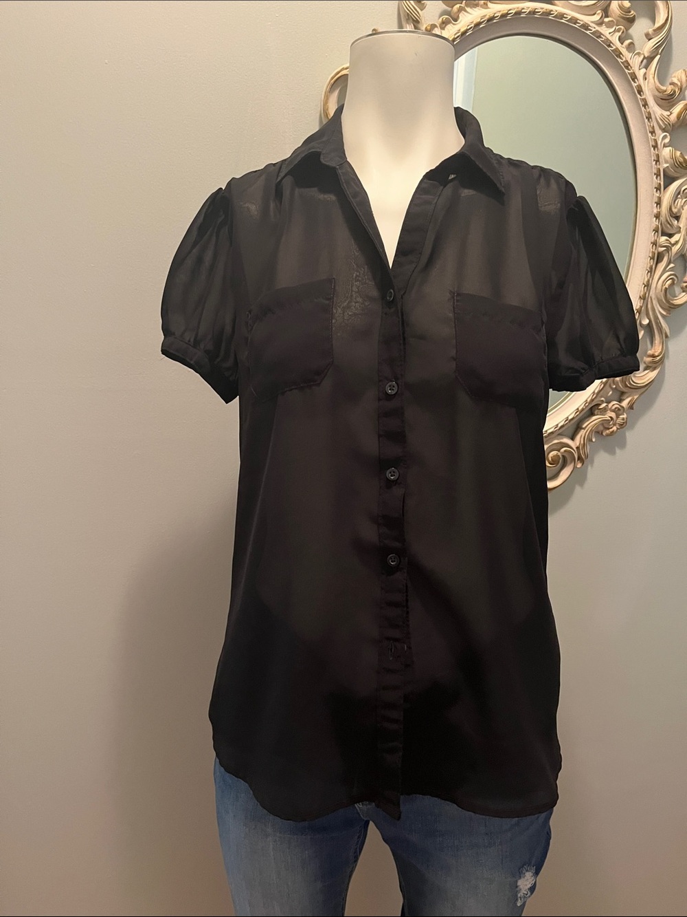 George Black Short-Sleeve Sheer-Panel Button-Up Blouse